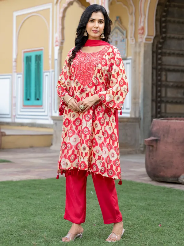 Pritnted cotton silk red salwar kameez