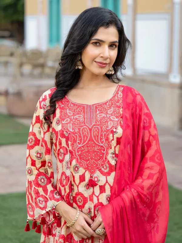 Pritnted cotton silk red salwar kameez