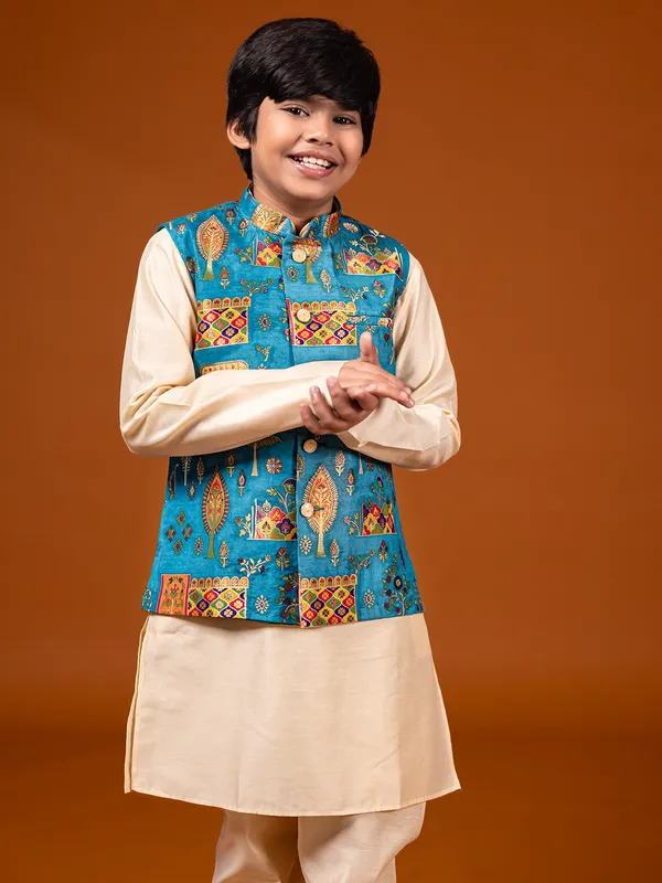 Cream and rama blue silk waistcoat set for boys