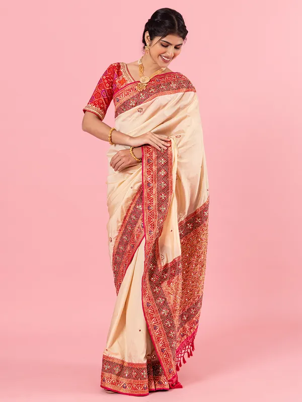 Beautiful cream art silk saree for wedding