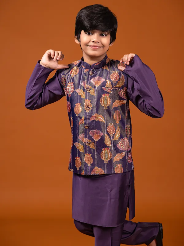 Purple cotton silk waistcoat for boys