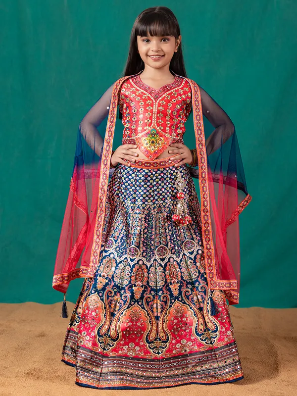 Glorious silk printed lehenga choli in blue and orange