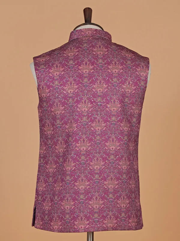 Wine printed cotton silk waistcoat for men