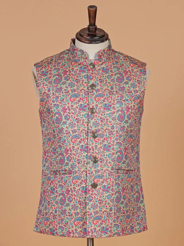 Ethnic printed beige cotton silk waistcoat for festive