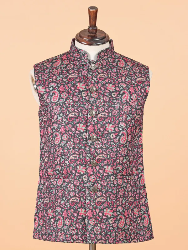 Black printed silk waistcoat for men