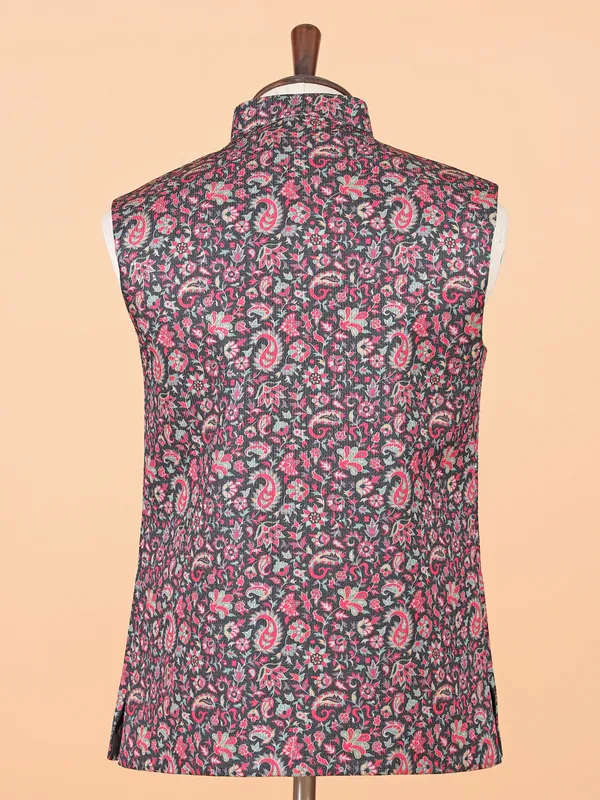 Black printed silk waistcoat for men