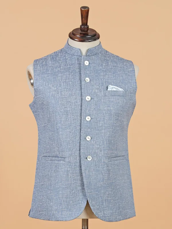 Powder blue cotton silk waistcoat for men