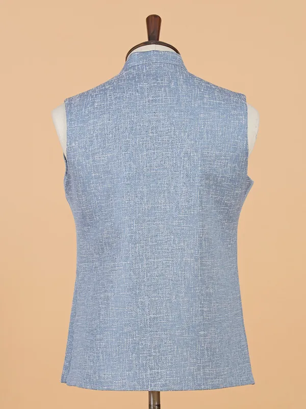 Powder blue cotton silk waistcoat for men