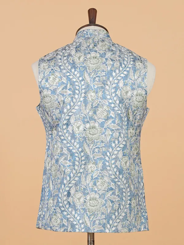 Blue printed cotton silk waistcoat for festival