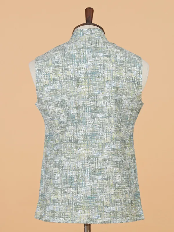 Green cotton silk printed waistcoat for men for festive