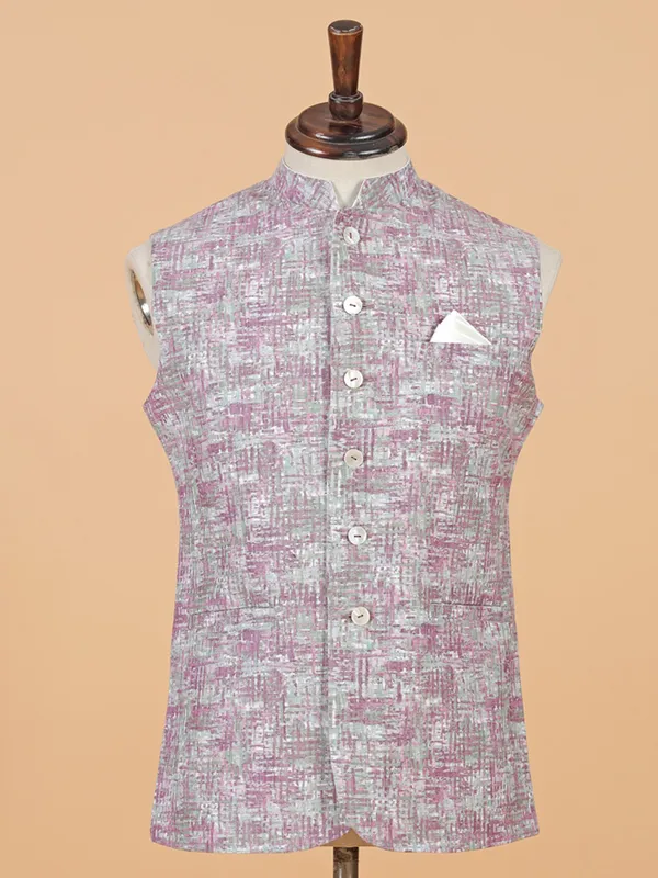 Purple printed cotton silk waistcoat for men