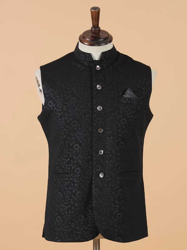 Classy black silk printed waistcoat