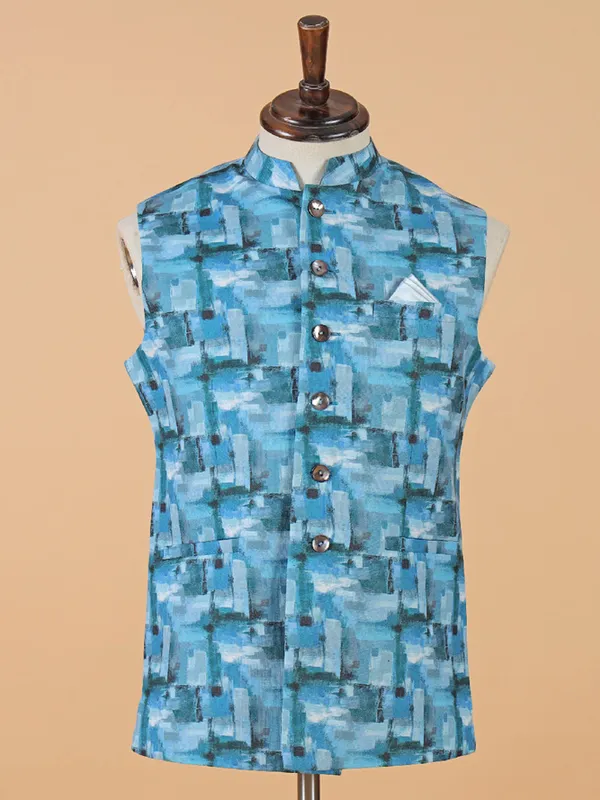 Trendy blue silk printed waistcoat