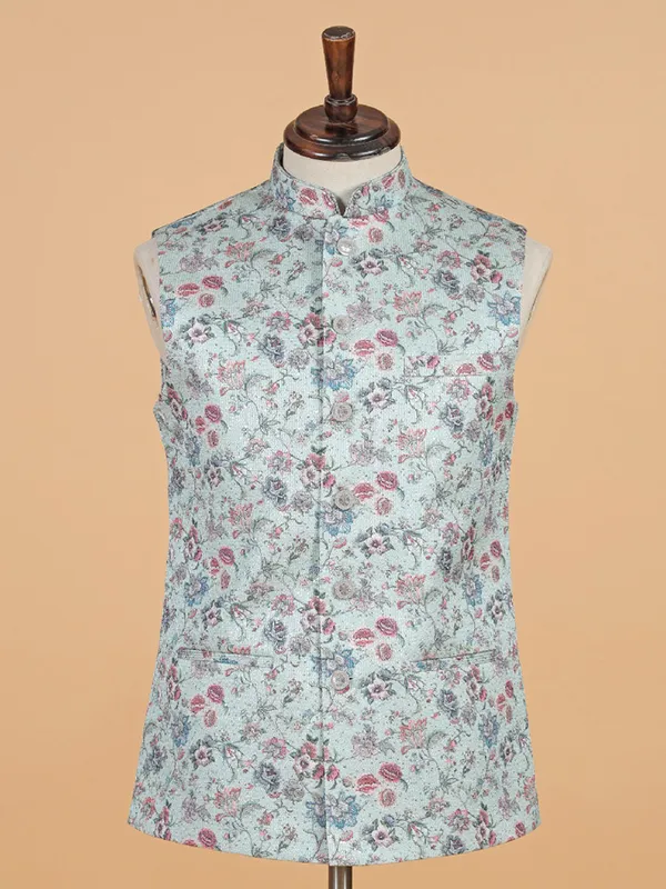 Floral printed pista green waistcoat