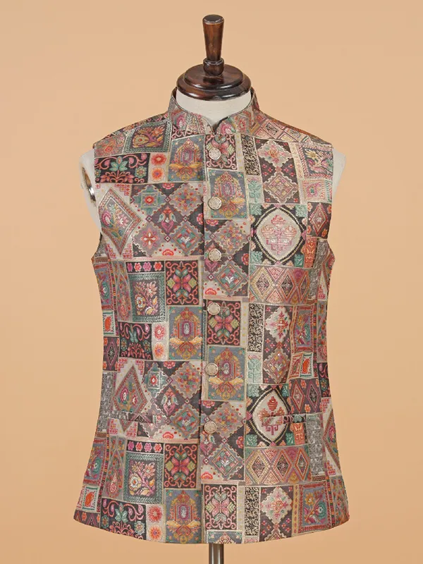 Multi color floral printed waistcoat in silk