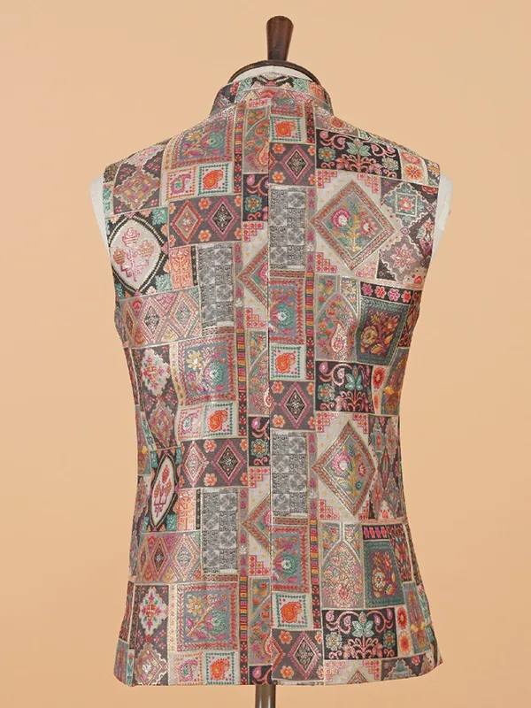 Multi color floral printed waistcoat in silk