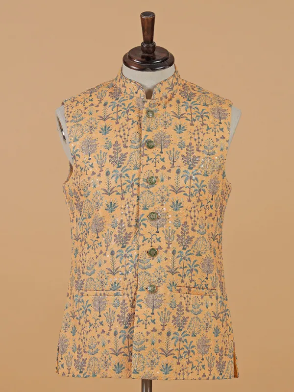 Classy cream printed silk waistcoat