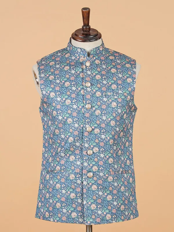 Blue printed silk waistcoat for festival