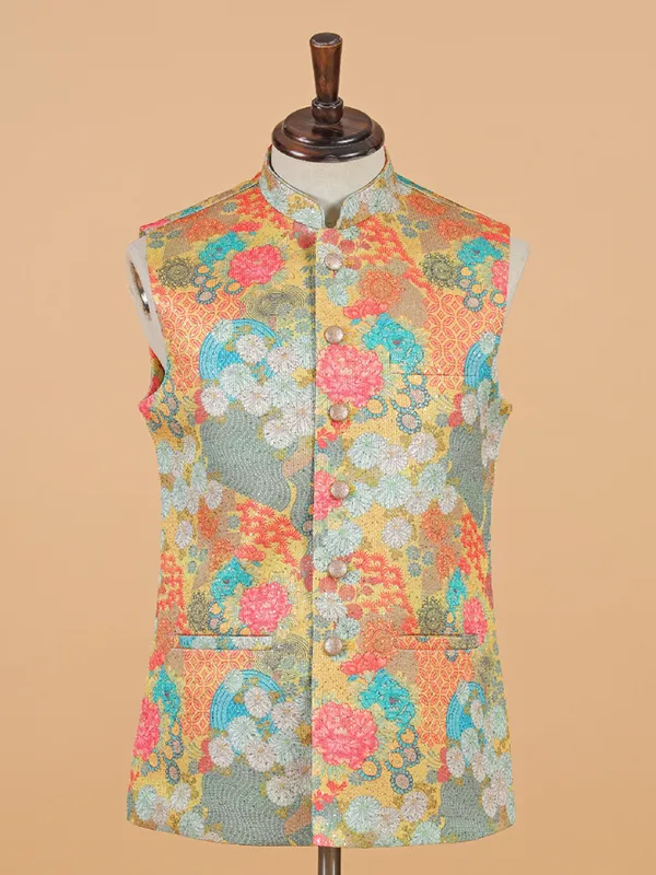 Classy yellow printed waistcoat for men