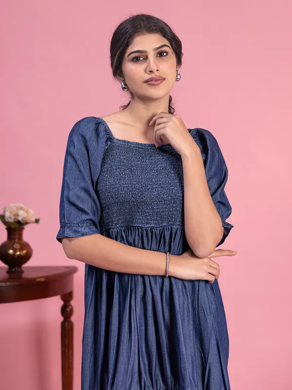 Blue cotton dress for casual wear