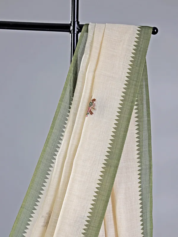 Cream and olive cotton silk saree