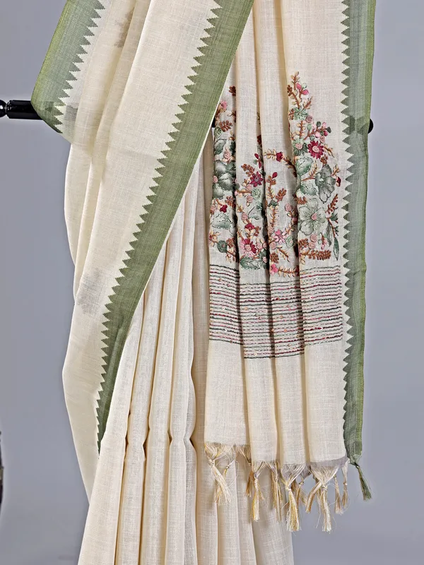 Cream and olive cotton silk saree