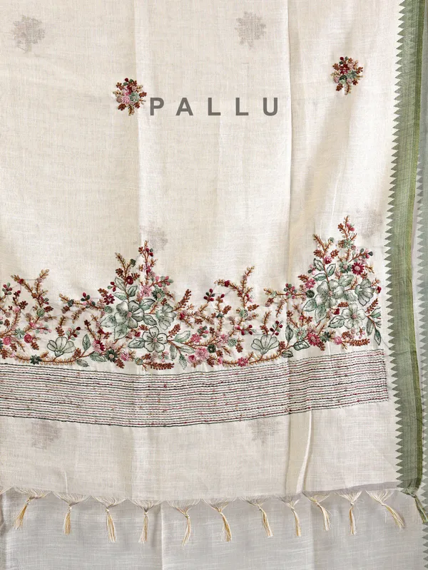 Cream and olive cotton silk saree