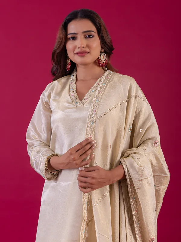 Cream pakistani silk palazzo suit for festival