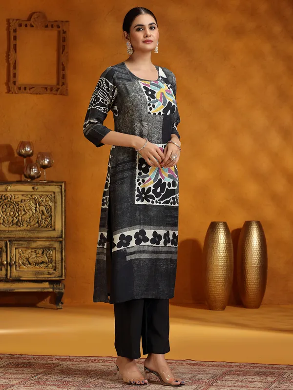 Black printed casual silk kurti set