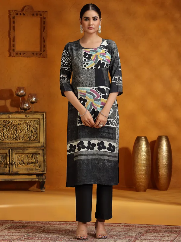 Black printed casual silk kurti set