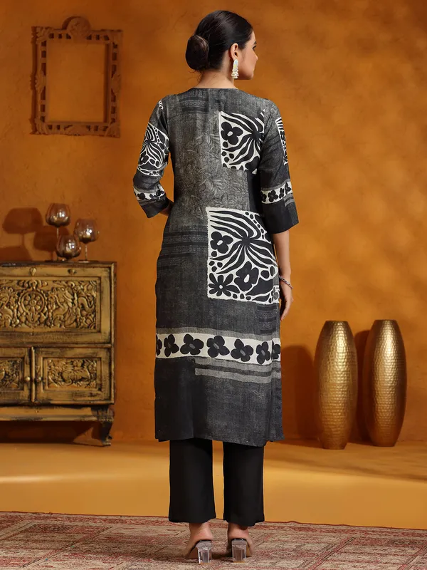 Black printed casual silk kurti set