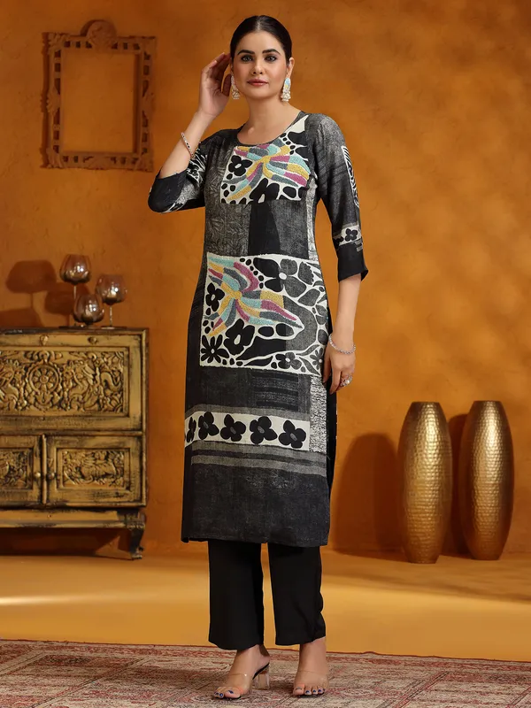 Black printed casual silk kurti set