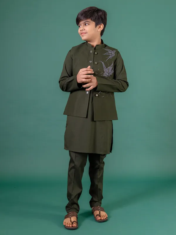 Dark olive terry rayon waistcoat set for boys