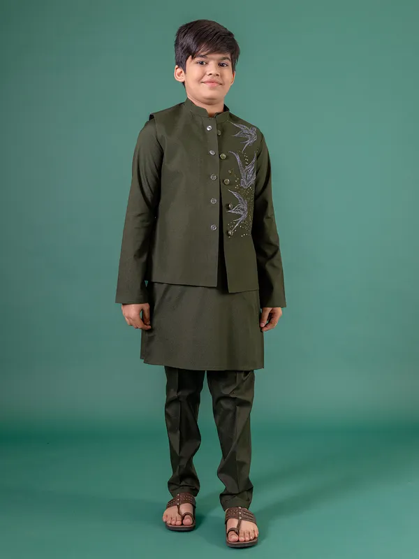 Dark olive terry rayon waistcoat set for boys