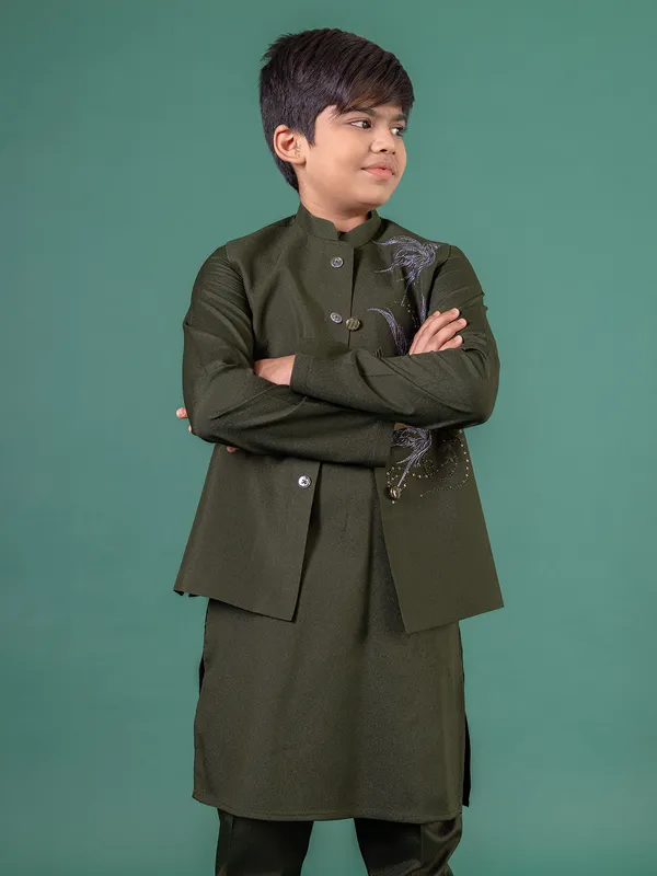 Dark olive terry rayon waistcoat set for boys