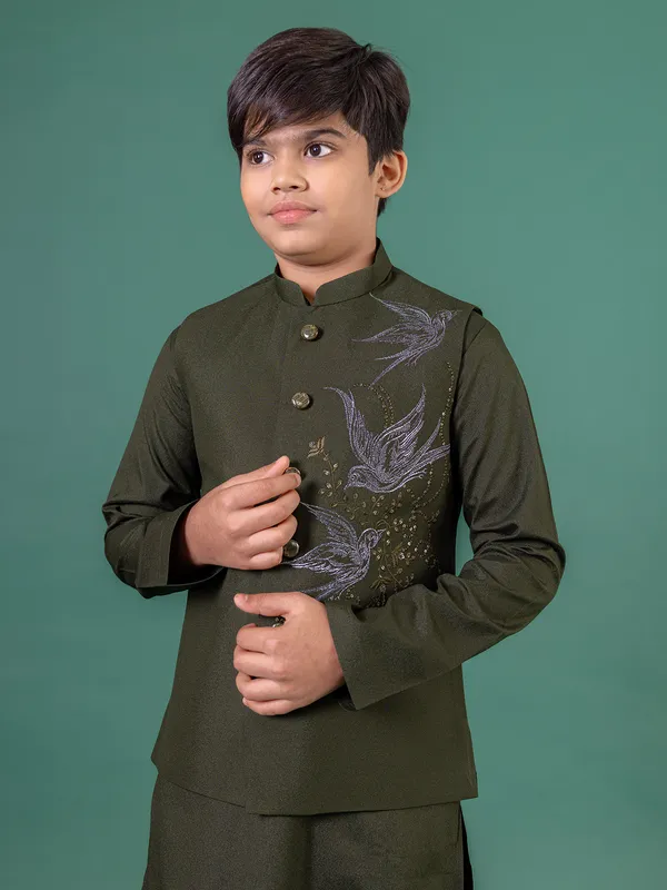Dark olive terry rayon waistcoat set for boys