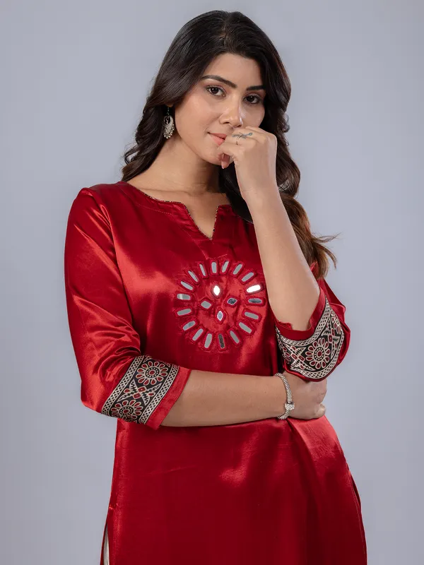 Red printed cotton silk kurti for women