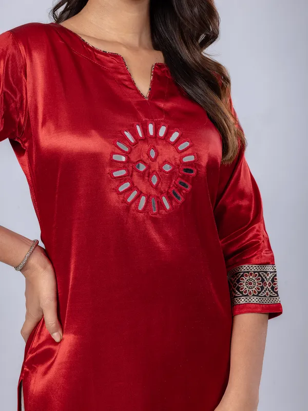 Red printed cotton silk kurti for women