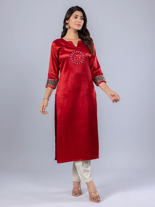 Red printed cotton silk kurti for women