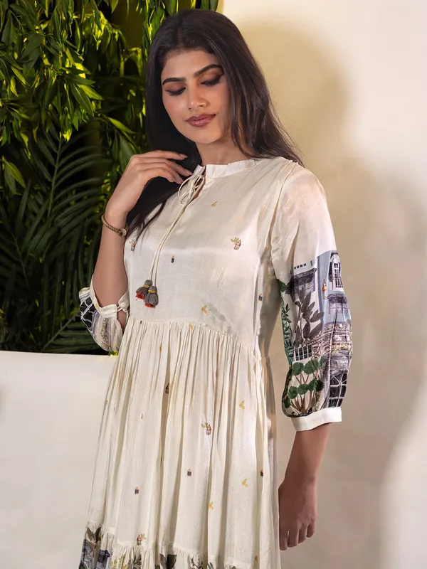 Cream printed cotton silk dress