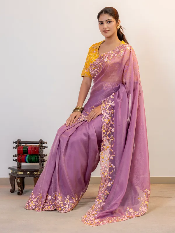 Purple organza wedding saree with stitched blouse