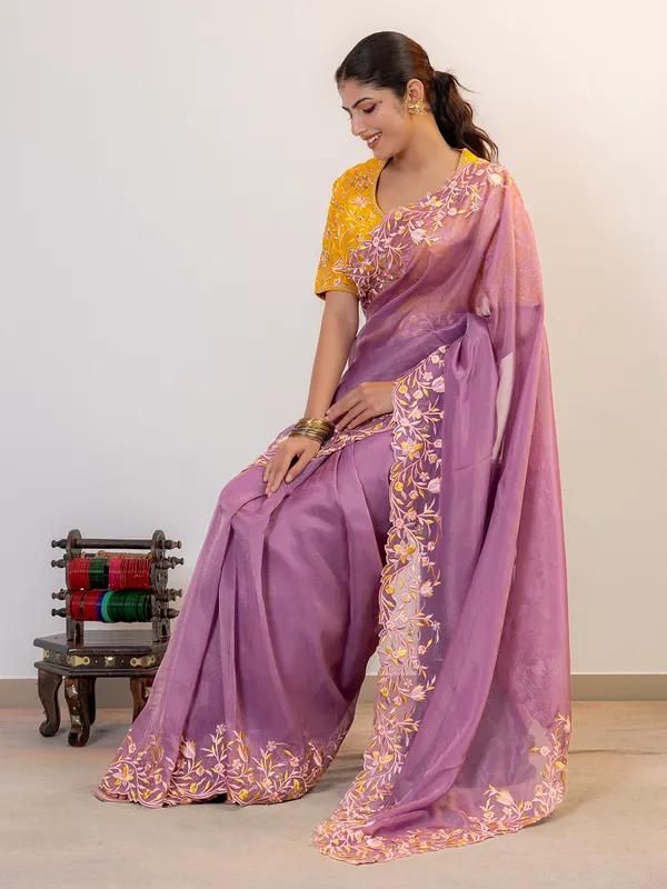 Purple organza wedding saree with stitched blouse