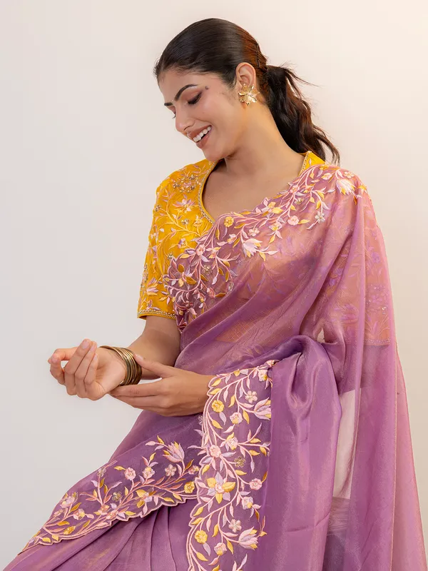 Purple organza wedding saree with stitched blouse