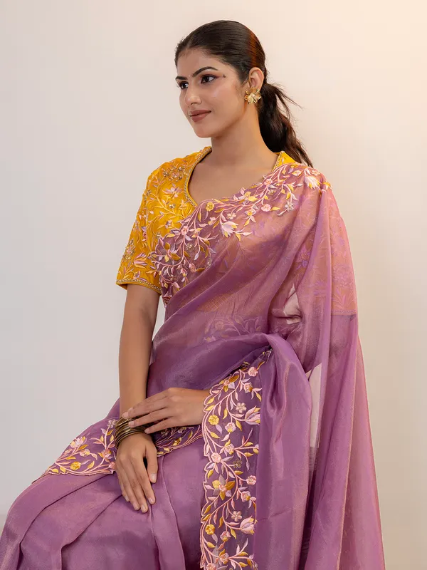 Purple organza wedding saree with stitched blouse