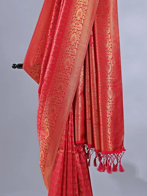 Red silk saree with zari weaving for women