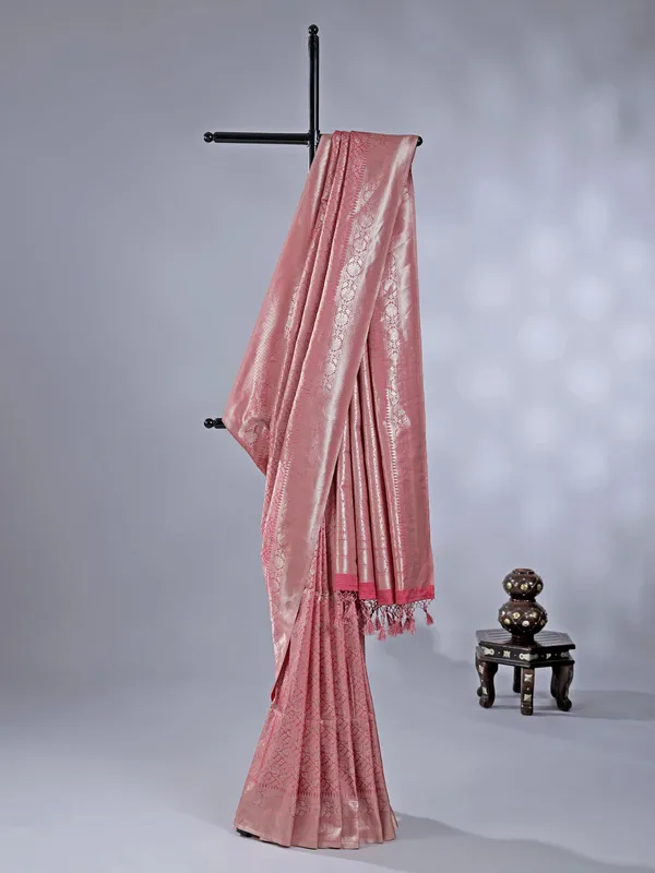 Pink silk saree with zari weaving for festival