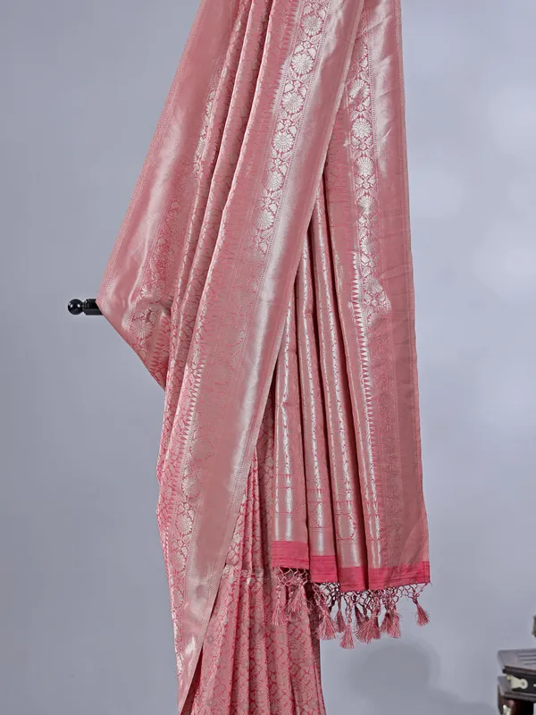 Pink silk saree with zari weaving for festival