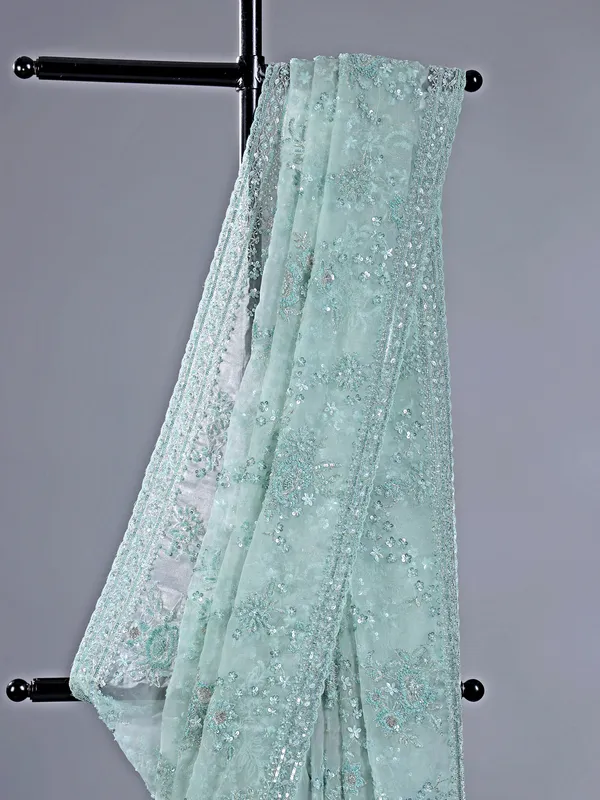 Light green organza saree with beaded detailing