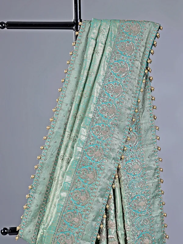 Mint green kanjivaram saree with pearl work