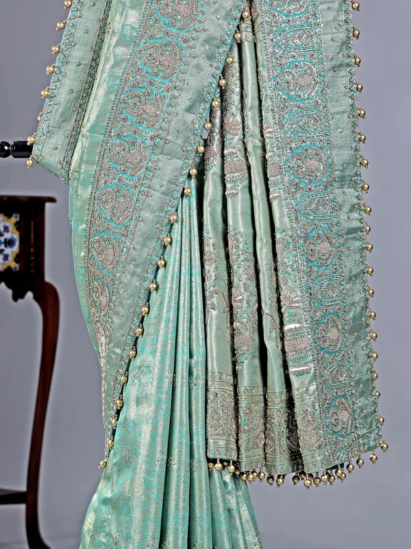 Mint green kanjivaram saree with pearl work